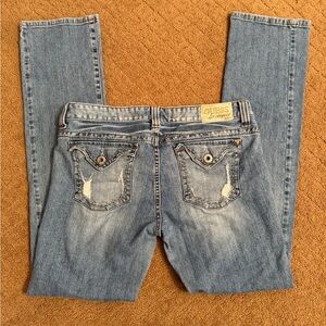 GUESS Women's low rise medium wash distressed vintage jeans